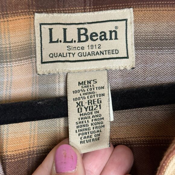 L.L.Bean Mens XL Work Shirt Snap Button Up Flannel Lined Tan Canvas Shirt Jacket - Picture 3 of 7